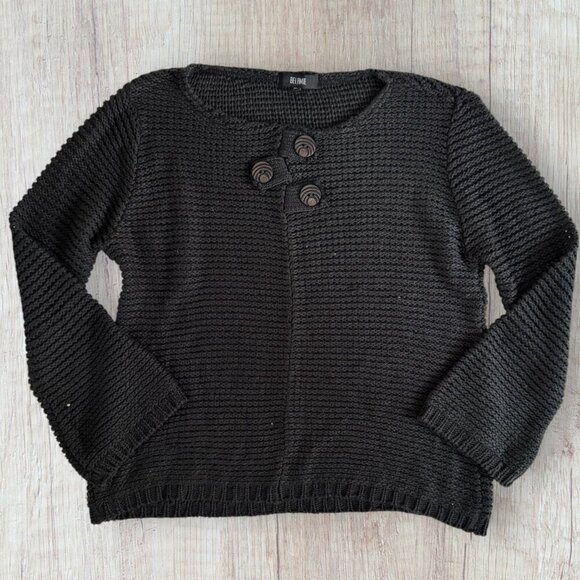 BELAMIE Black Lagenlook Crew Neck Sweater Decorative Wood Buttons Boho Women's L - Picture 2 of 9